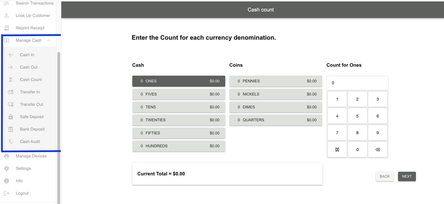InStore_CashManagement module user interface