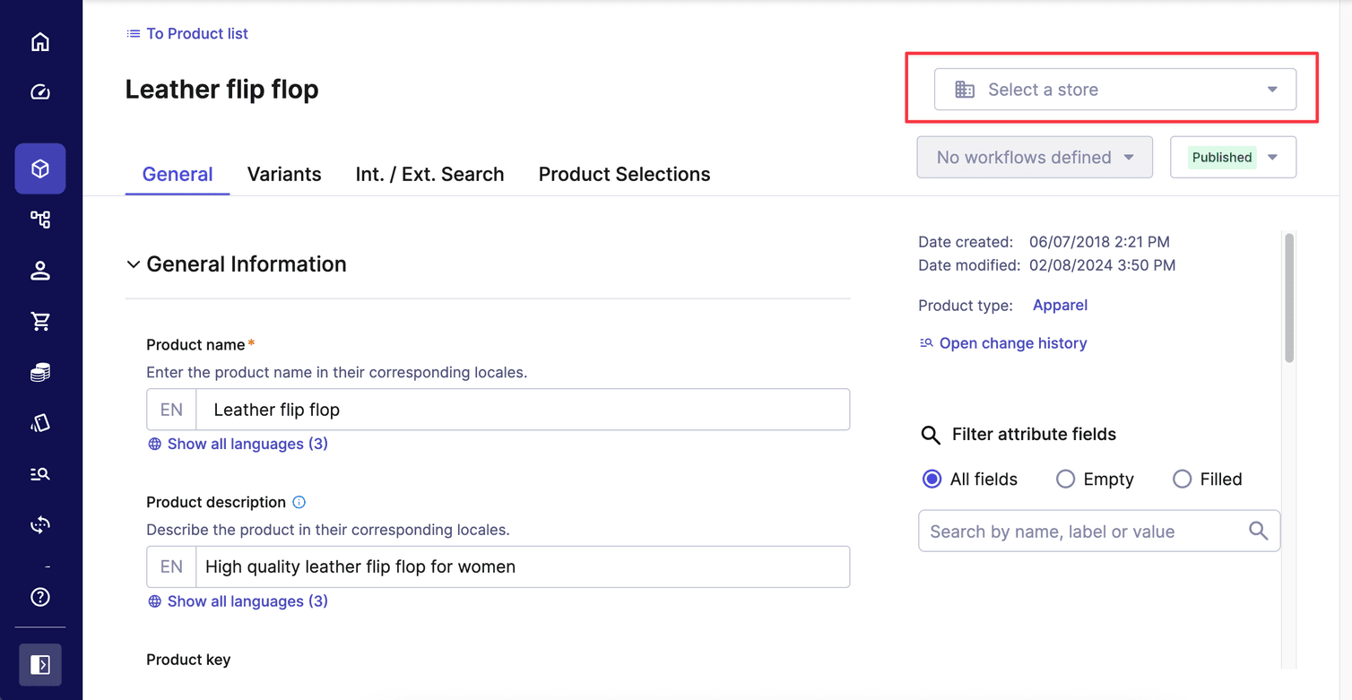 Store selection drop-down on the Product details page.
